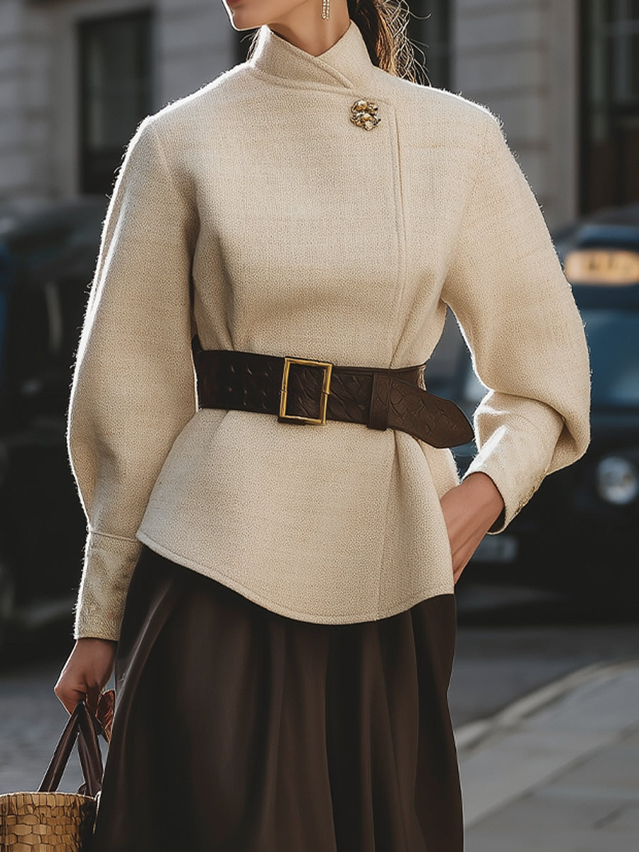 Beige Structured Jacket And Chocolate Midi Skirt Set With Statement Belt