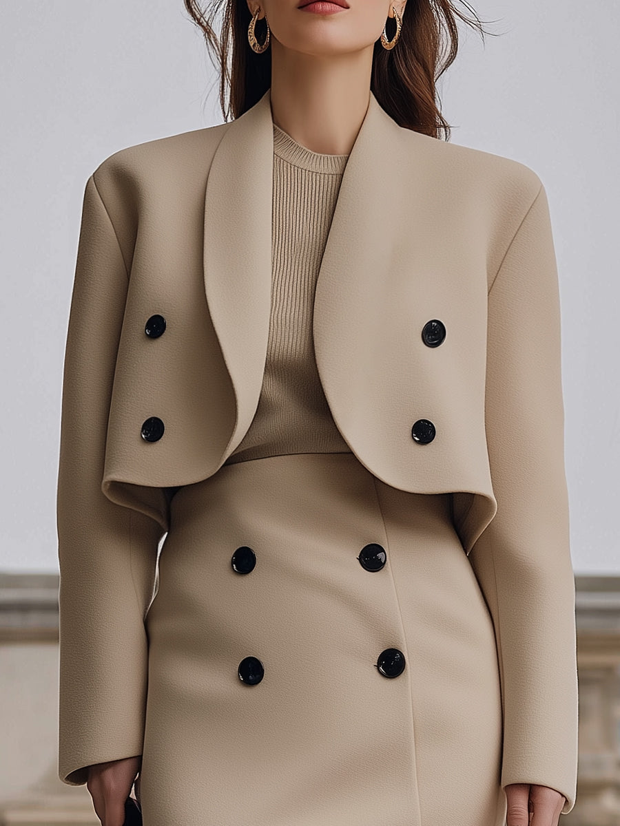 Chic Double-Breasted Cropped Jacket And Skirt Set With Buttons