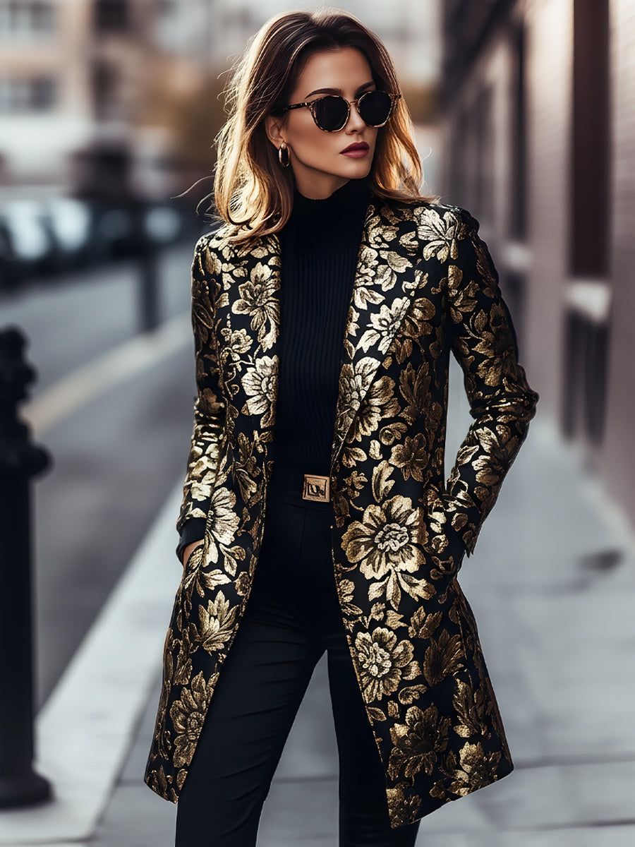Mooyius Black & Gold Floral Jacquard Longline Coat