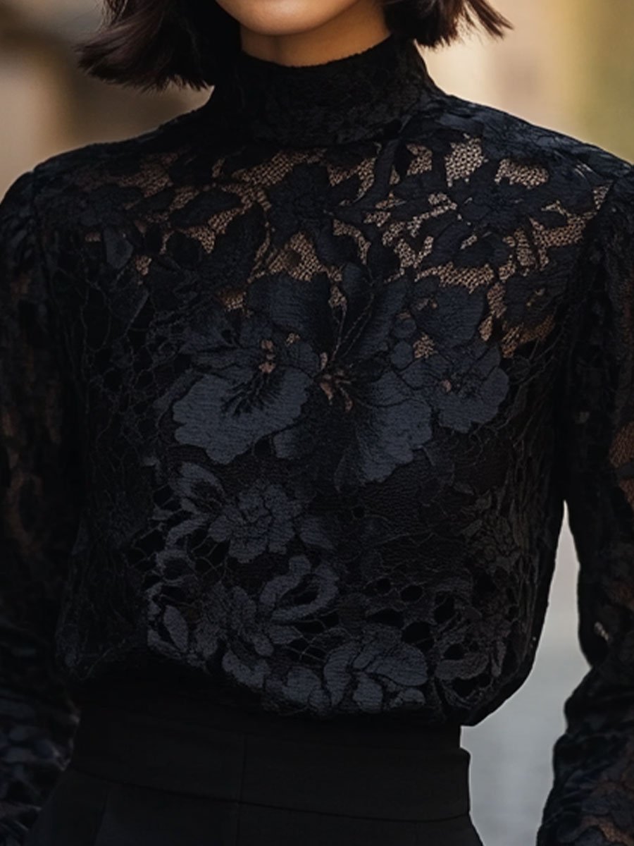 Classic Floral Lace Blouse with High Neck