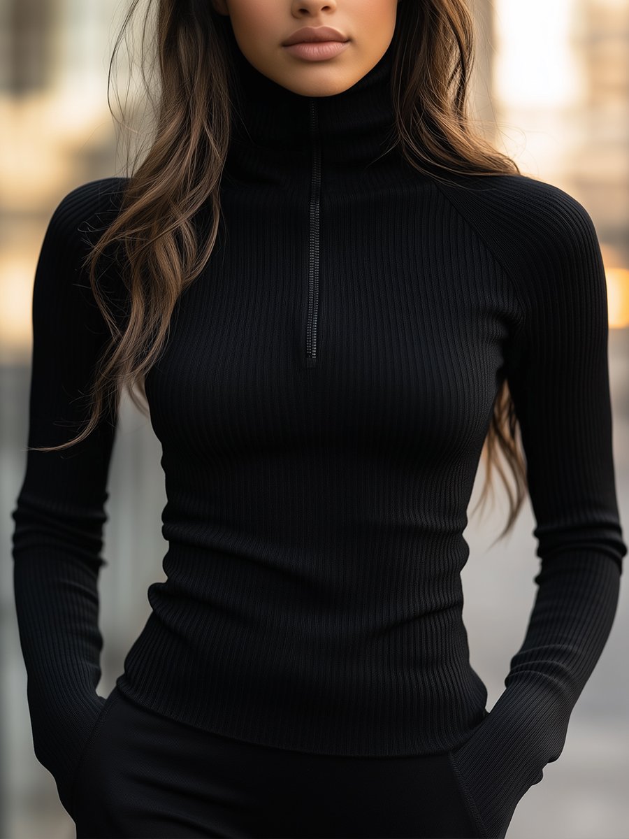 Sophisticated Black Ribbed Turtleneck Top with Zipper Detail
