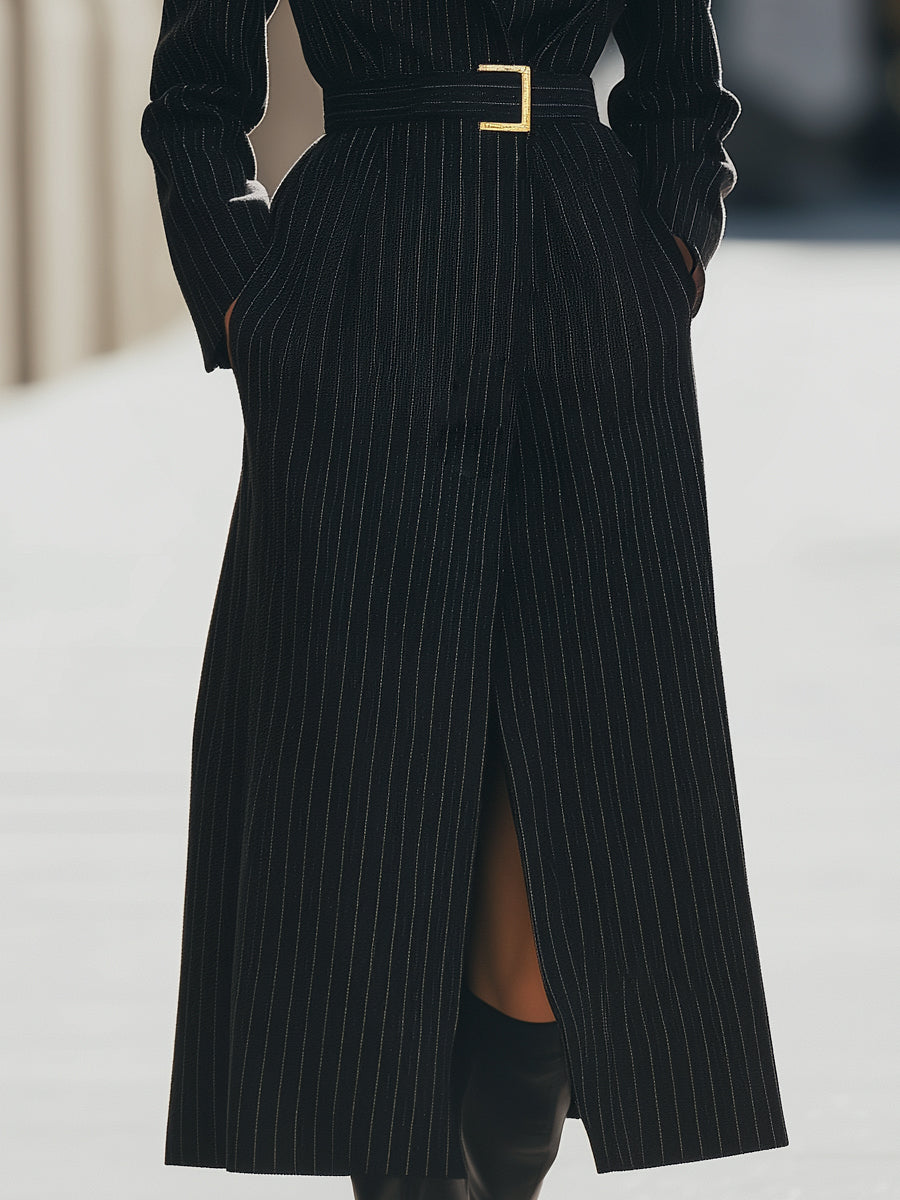 Structured Pinstripe Belted Long Coat