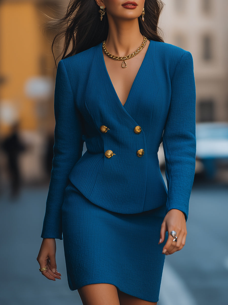 Elegant Royal Blue Double-Breasted Knit Skirt Suit