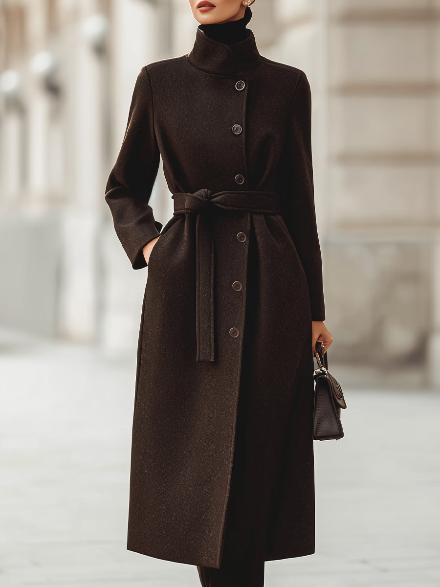Dark Brown Belted Wool Blend Maxi Coat