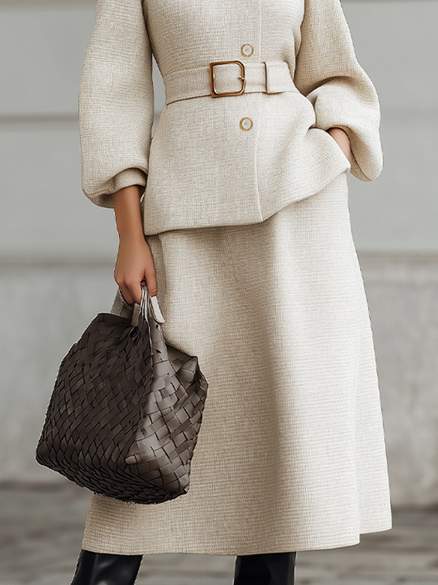 Beige Belted Midi Set With Structured Sleeves