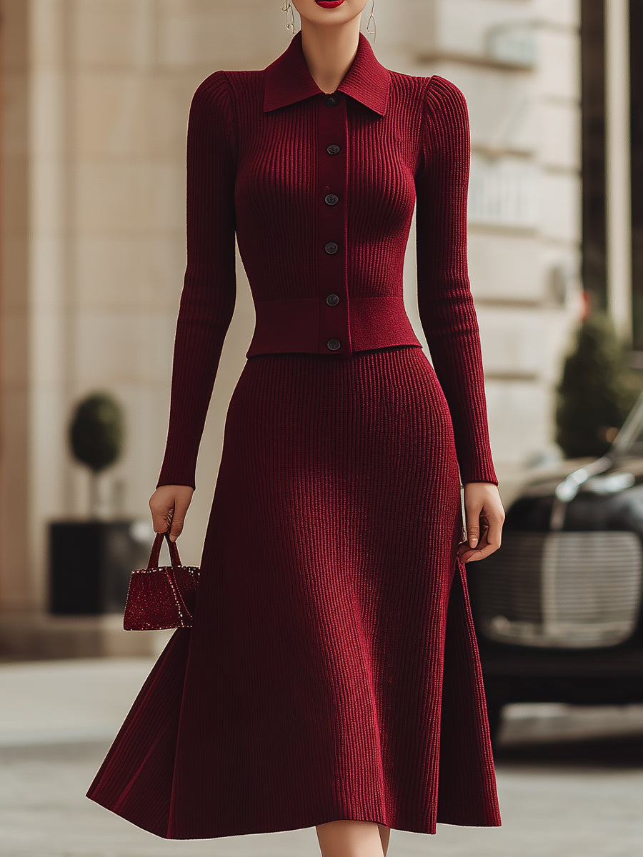 Burgundy Ribbed Knit Midi Skirt Set