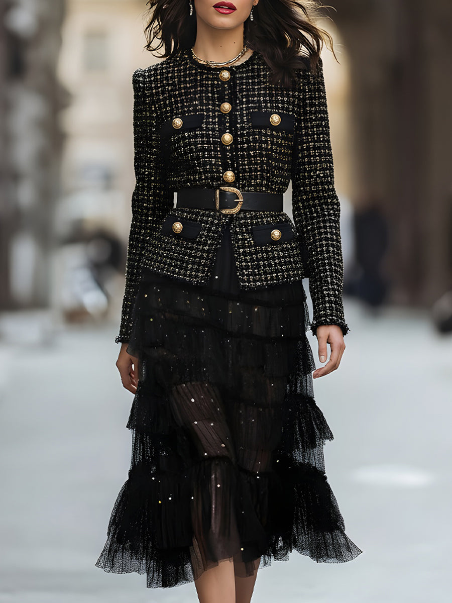 Elegant Weed Belted Jacket With Gold-Tone Buttons & Layered Tulle Skirt