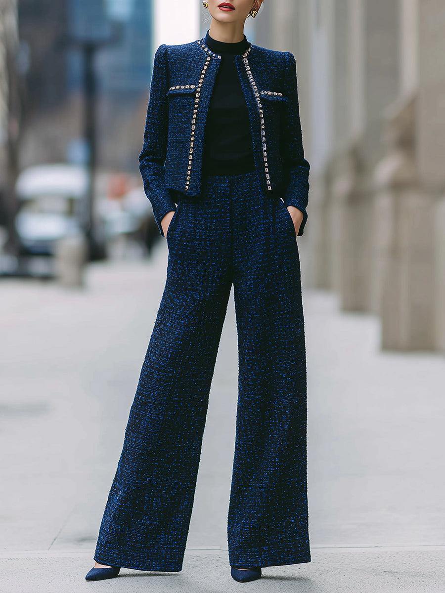 Midnight Blue Tweed Wide-Leg Pant Suit