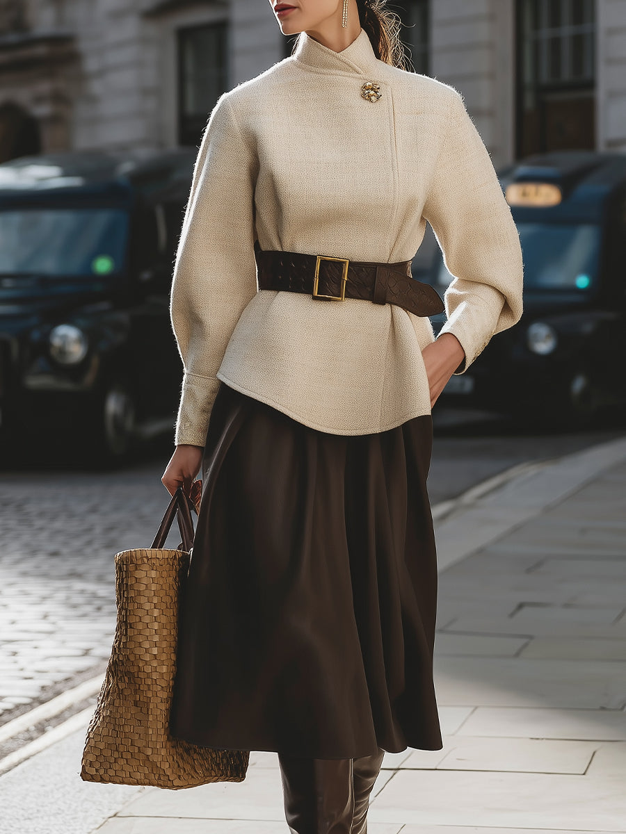 Beige Structured Jacket And Chocolate Midi Skirt Set With Statement Belt