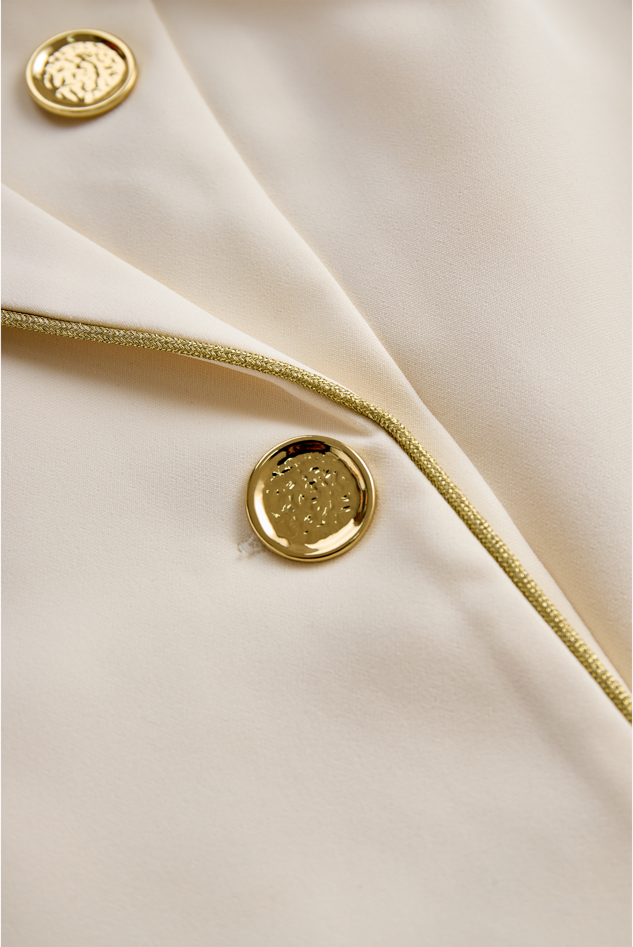 White Sleeveless Blazer Romper With Gold Trim