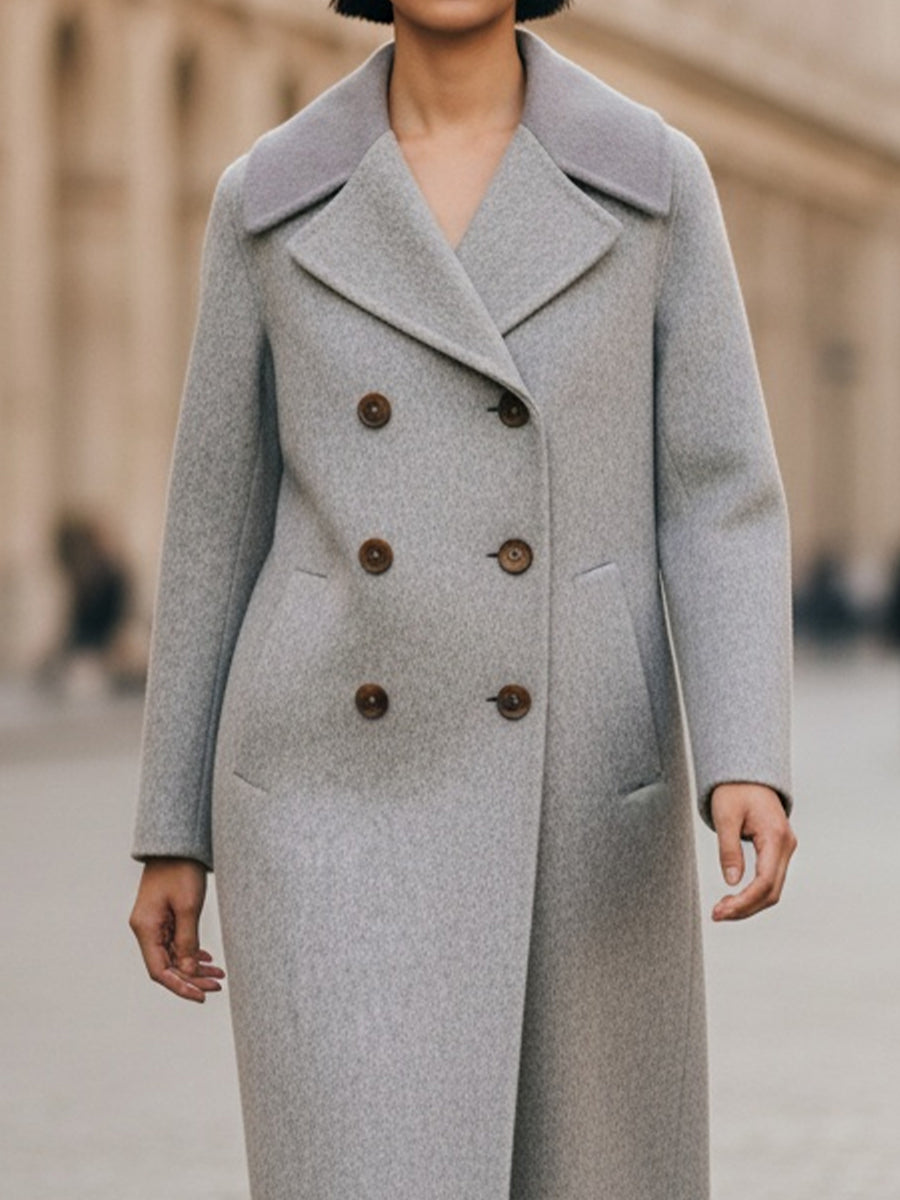 Classic Grey Double-Breasted Long Coat