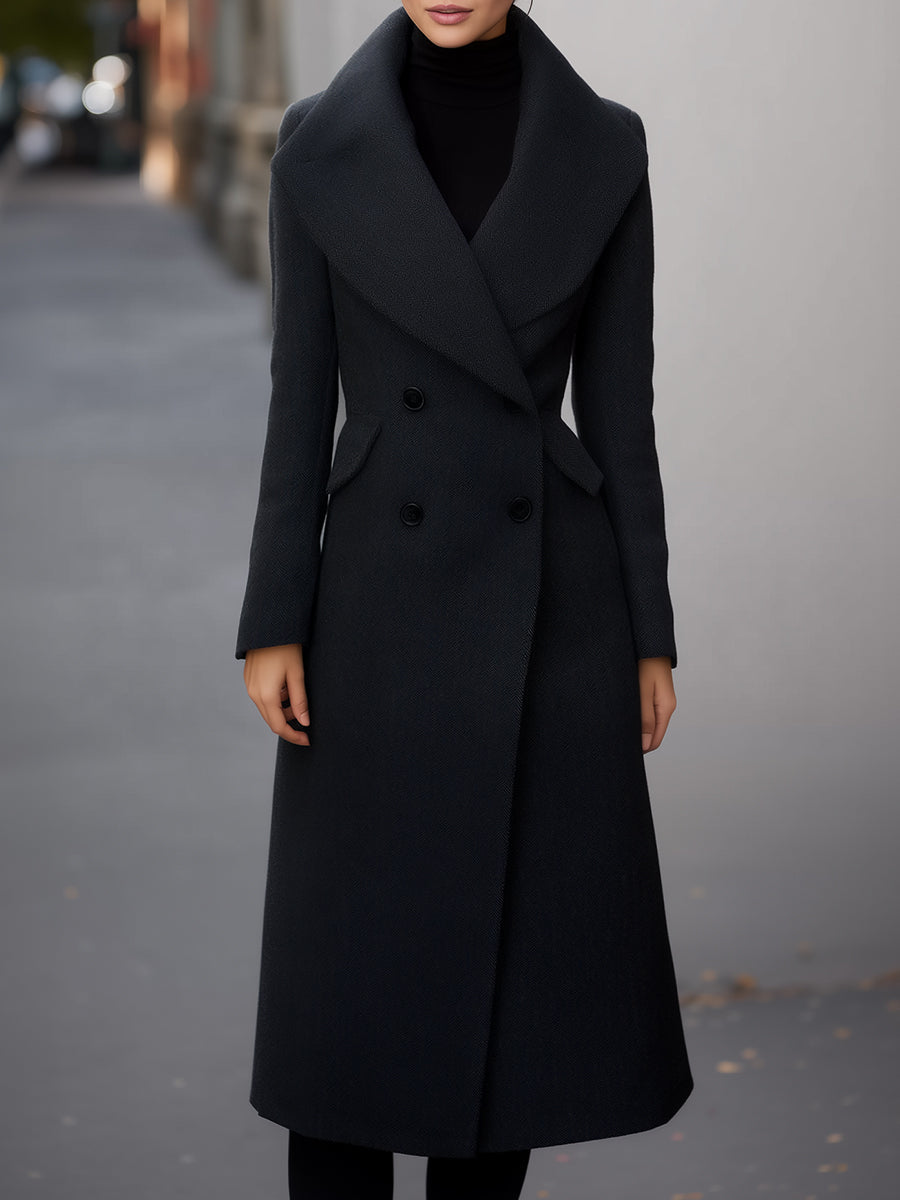 Double-Breasted Long Wool Coat With Oversized Shawl Collar