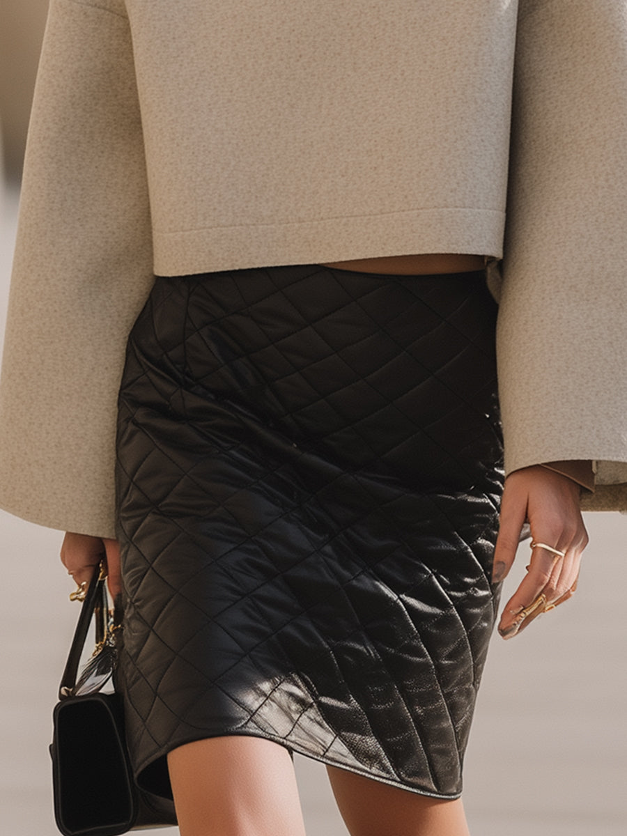 Beige Wool Cropped Turtleneck With Quilted Skirt Set