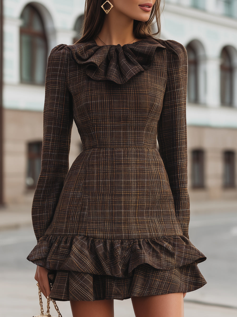 Elegant Plaid Ruffle Detail Mini Dress