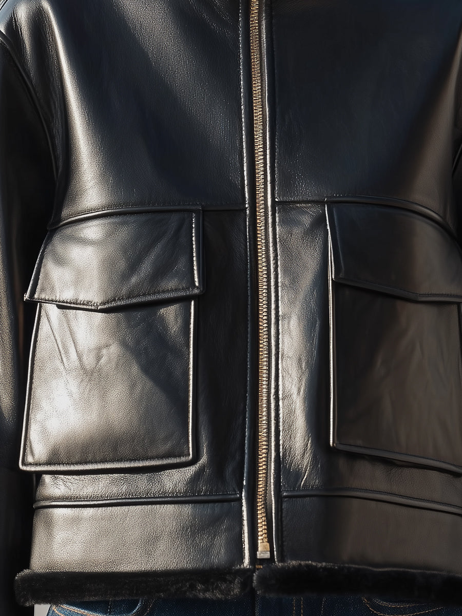 Black Faux Leather Shearling - Lined Cropped Jacket