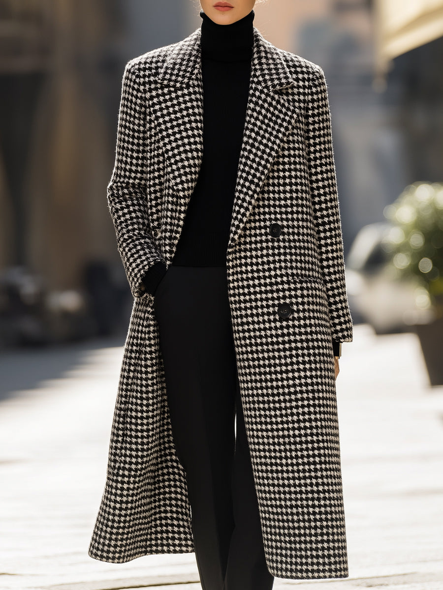 Houndstooth Wool Long Coat