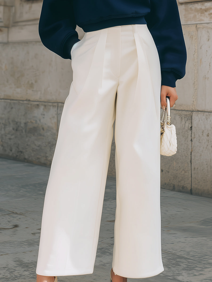 Navy Blue Cropped Sweatshirt And White Wide - Leg Trousers Set