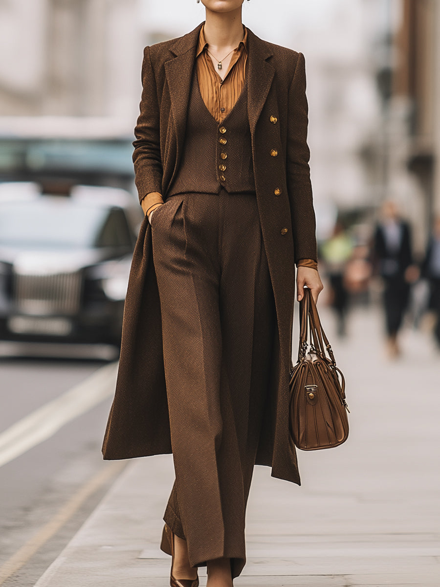 Classic Brown Wool Three-Piece Suit With Overcoat