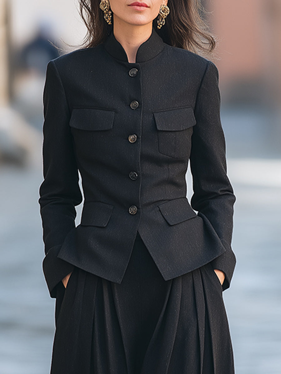 Stylish Mandarin-Collar Jacket With Wide-Leg Pleated Harem Pants Set