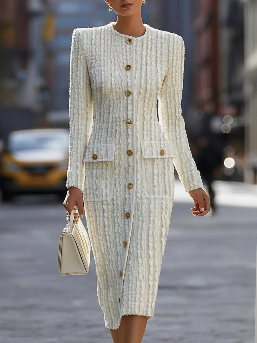 Ivory Textured Knit Midi Dress With Gold-Tone Buttons