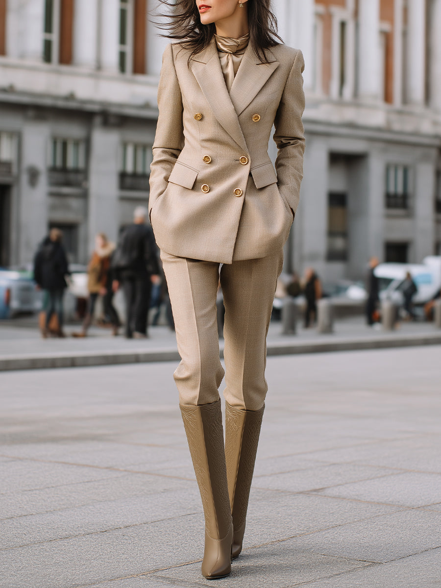 Camel Double-Breasted Suit Set With Gold Buttons