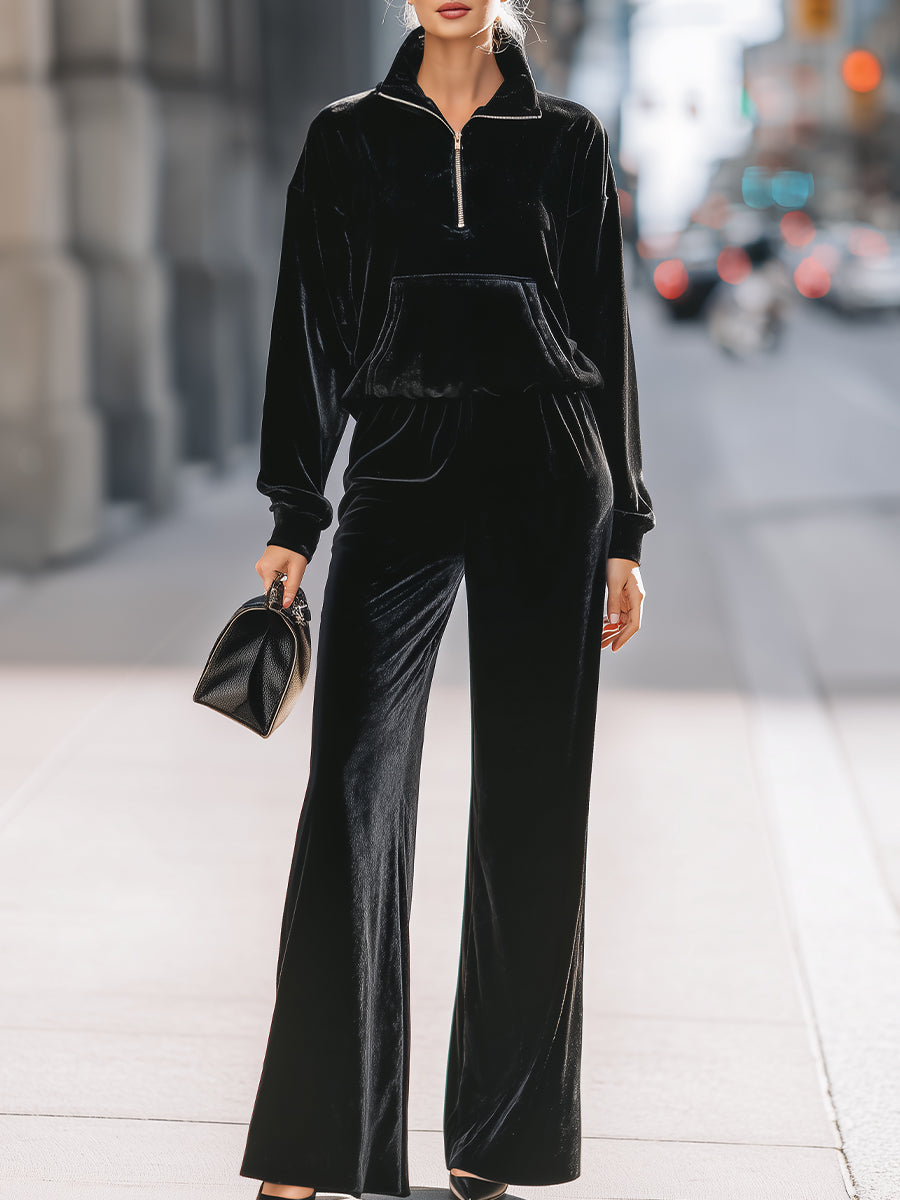 Luxe Black Velvet Tracksuit Set