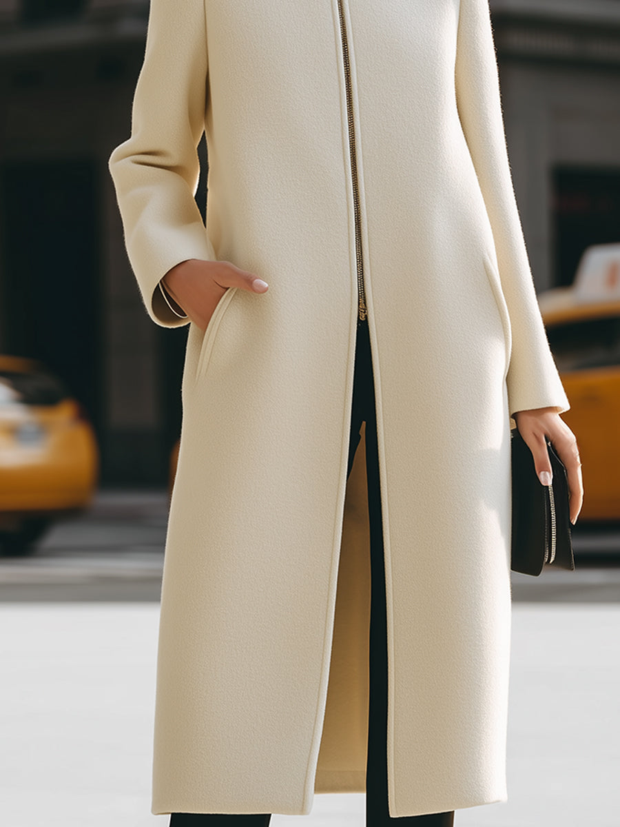 Cream High - Neck Zip - Front Maxi Coat
