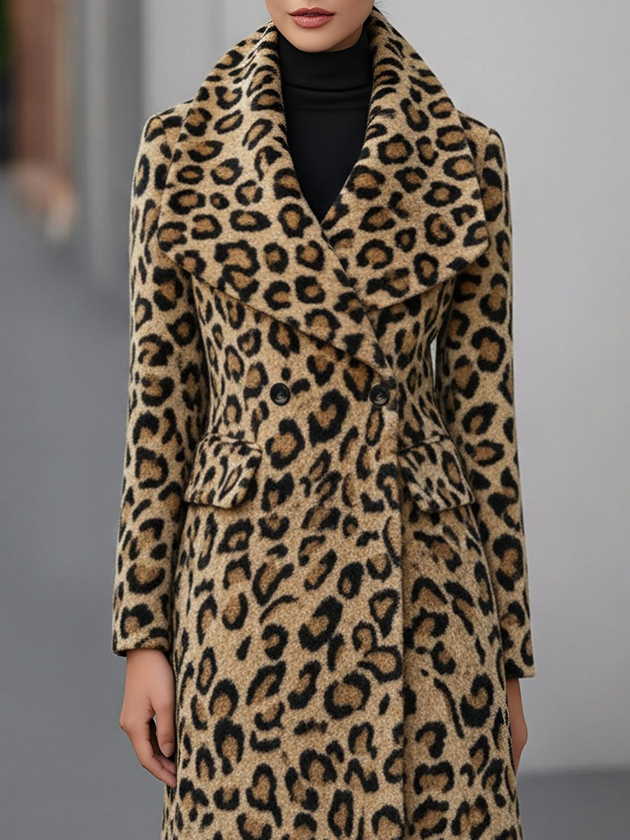 Leopard Print Double-Breasted Wool Coat