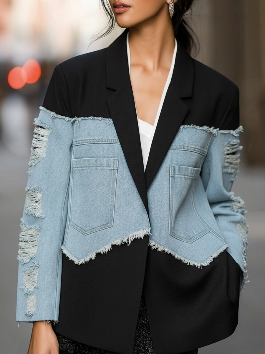 Black And Denim Contrast Blazer With Distressed Detailing