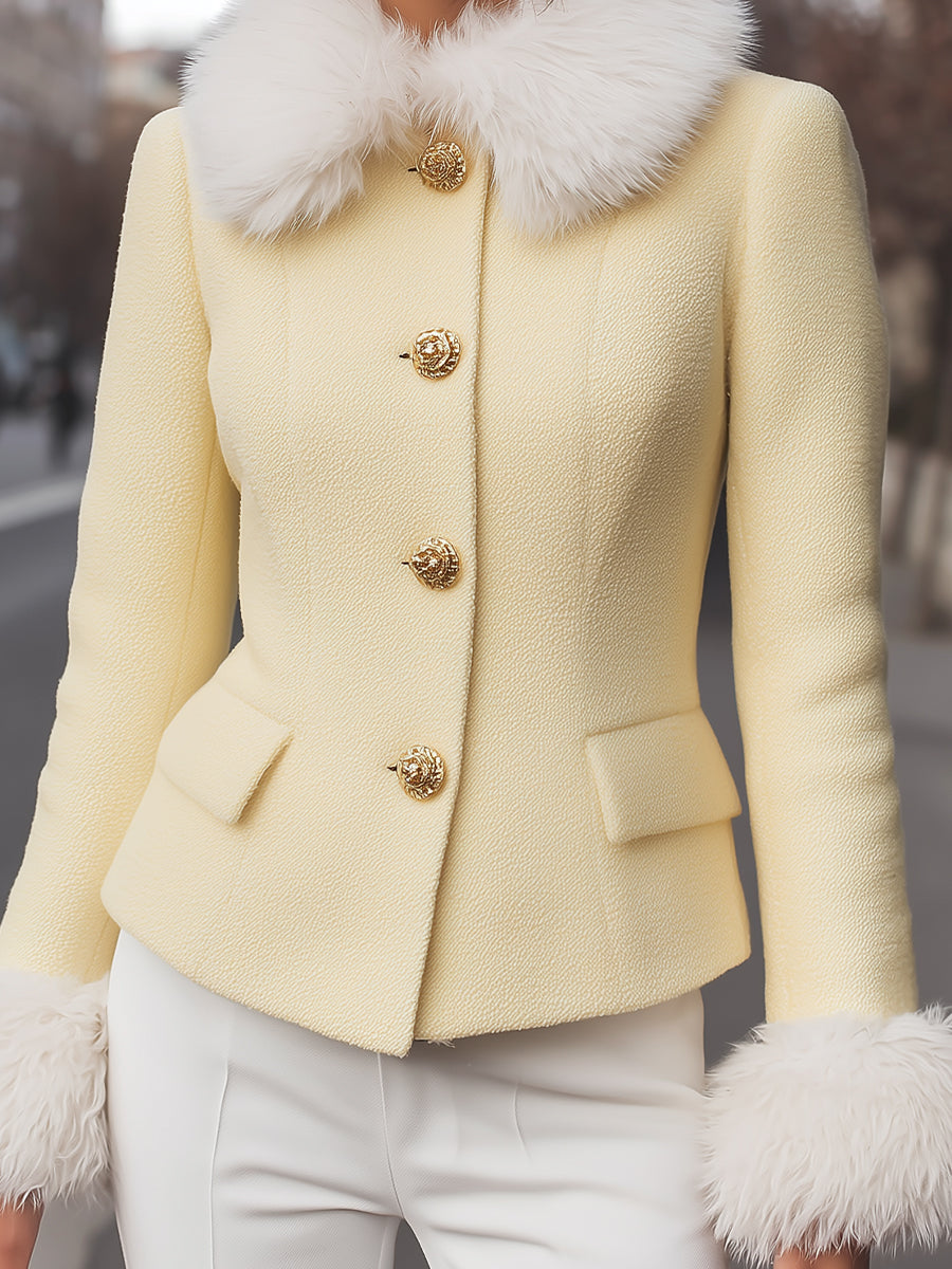Chic Yellow Jacket With Faux Fur Trims