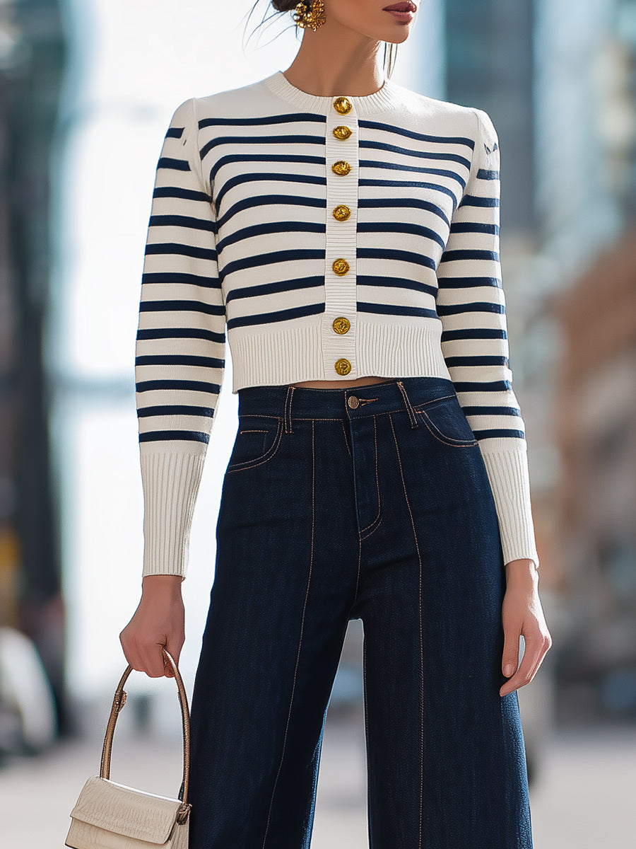 Navy Stripe Cropped Cardigan And Dark Denim Wide - Leg Jeans Set
