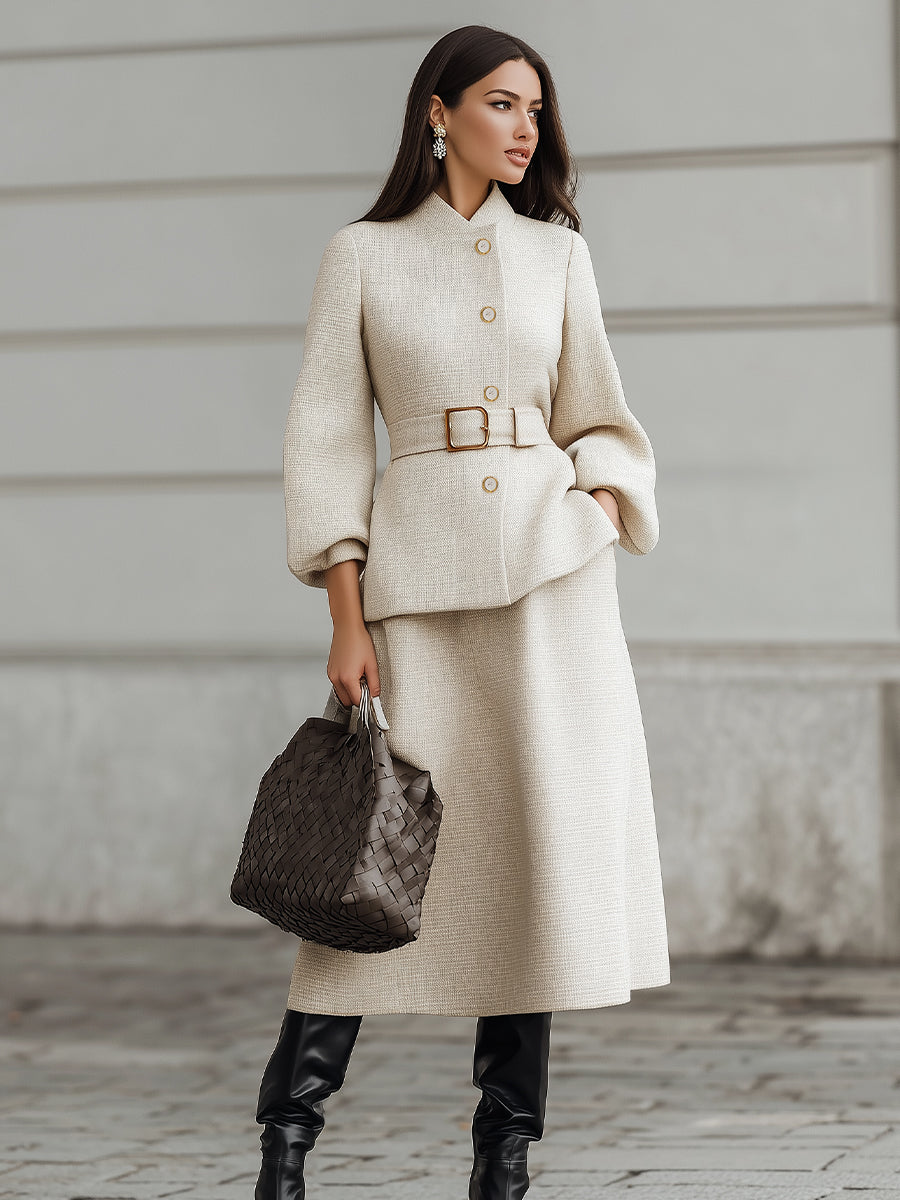 Beige Belted Midi Set With Structured Sleeves