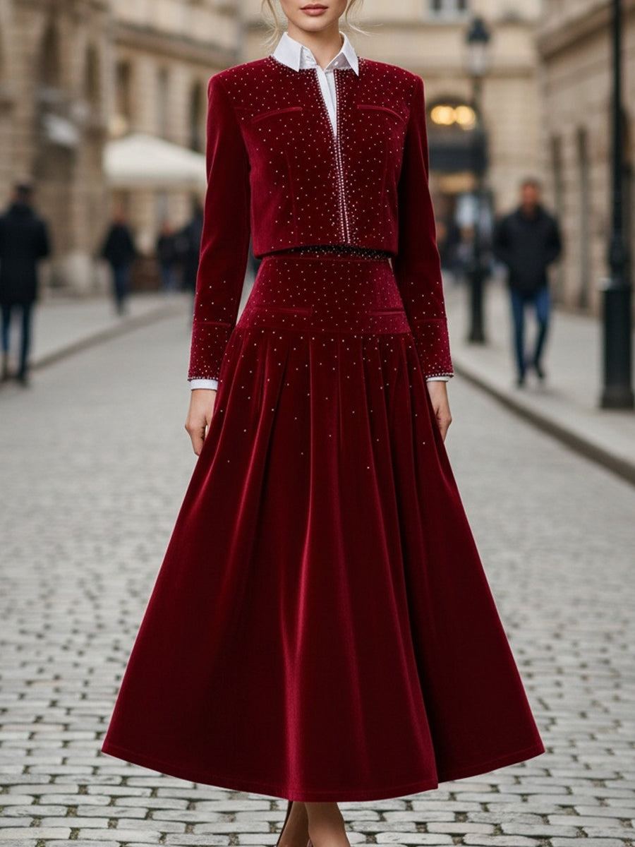 Mooyius Burgundy Velvet Embellished Two-Piece Set