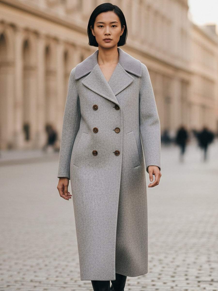 Classic Grey Double-Breasted Long Coat