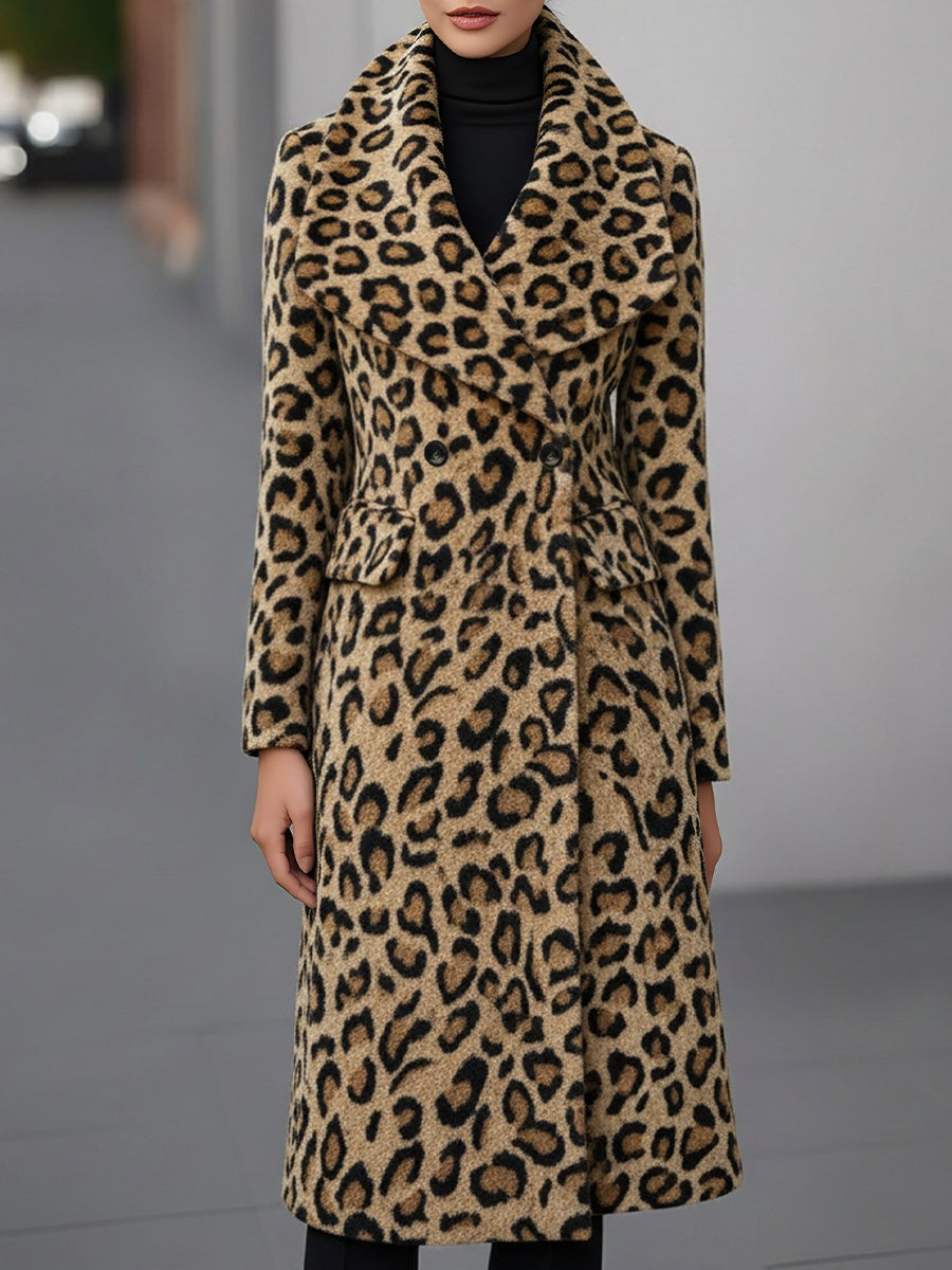 Leopard Print Double-Breasted Wool Coat