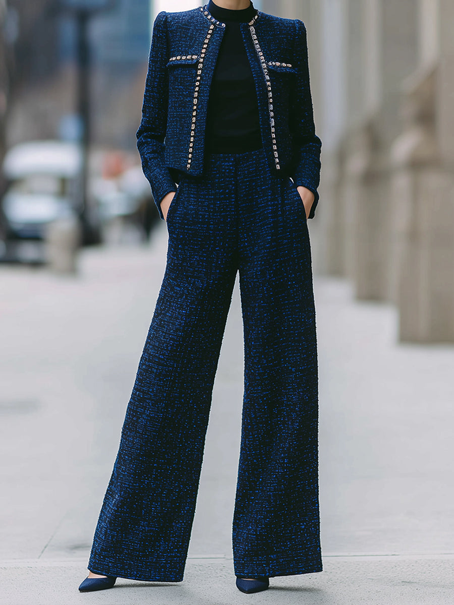 Midnight Blue Tweed Wide-Leg Pant Suit