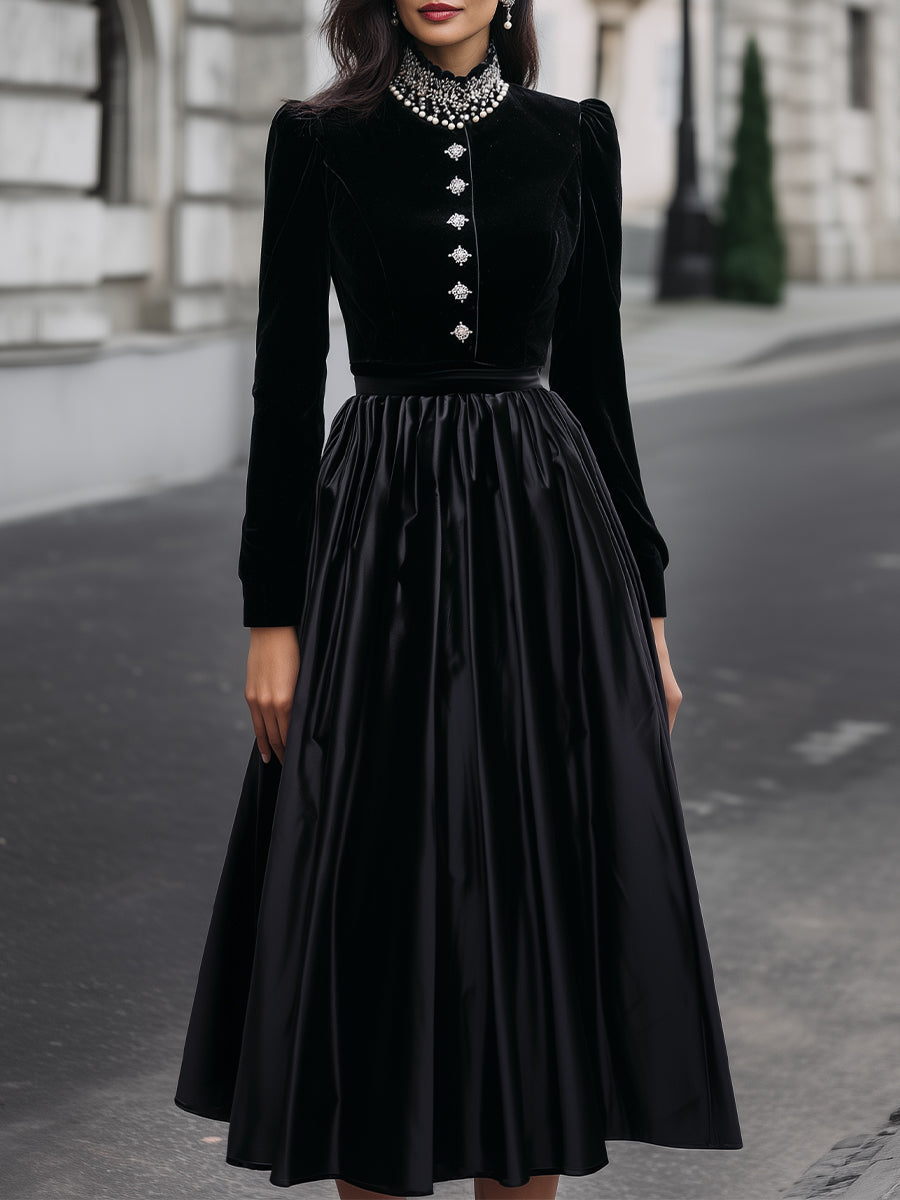Pearl-Accented Velvet Top & Satin Midi Skirt Two-Piece Set