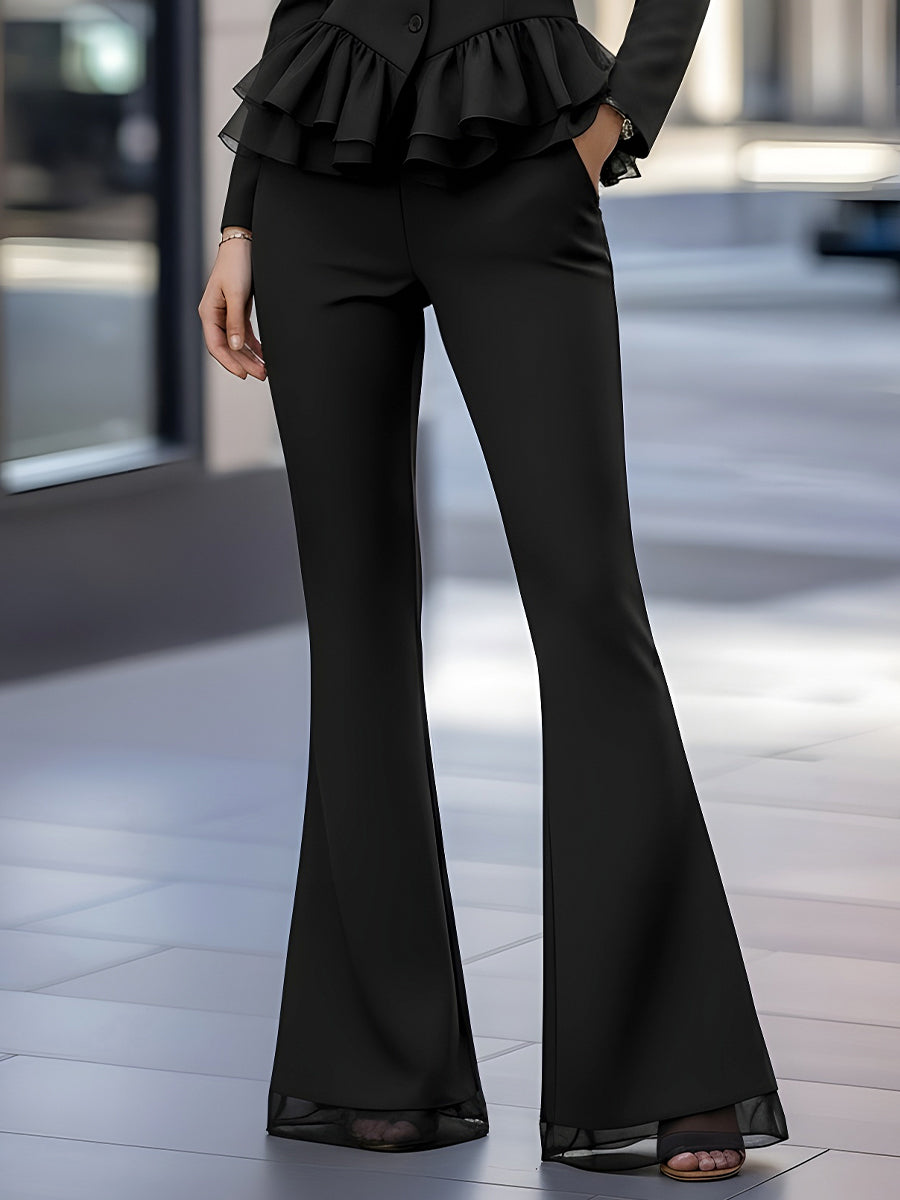 Peplum Blazer And Flared Pants Suit With Sheer-Paneled