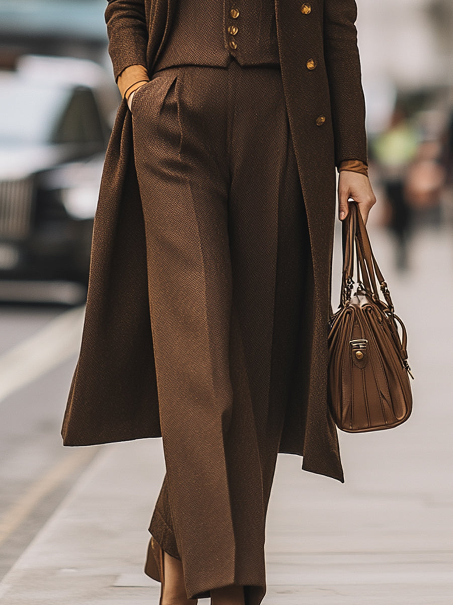 Classic Brown Wool Three-Piece Suit With Overcoat