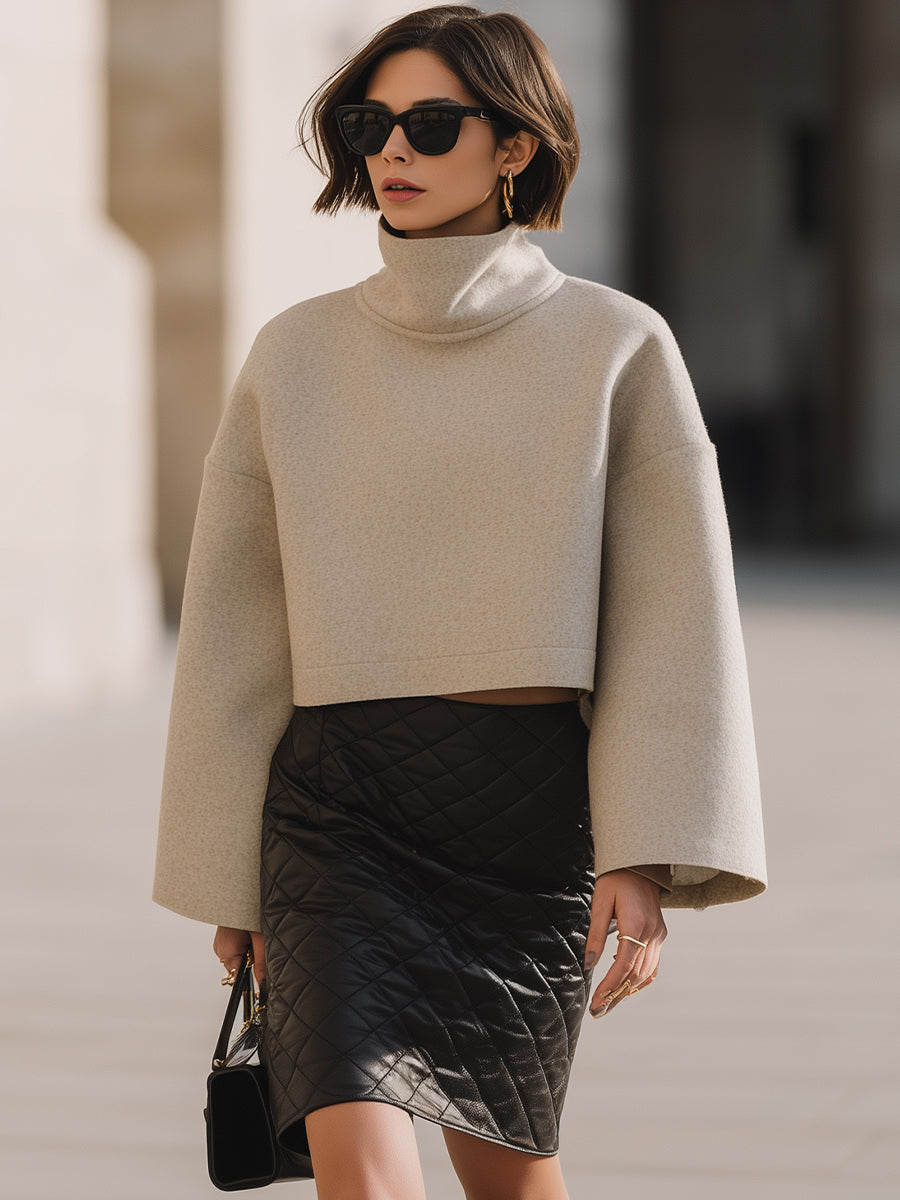 Beige Wool Cropped Turtleneck With Quilted Skirt Set