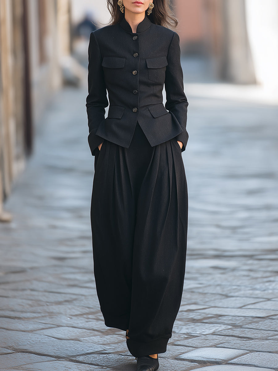 Stylish Mandarin-Collar Jacket With Wide-Leg Pleated Harem Pants Set