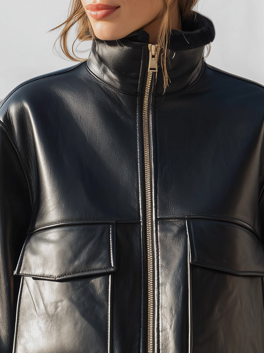 Black Faux Leather Shearling - Lined Cropped Jacket