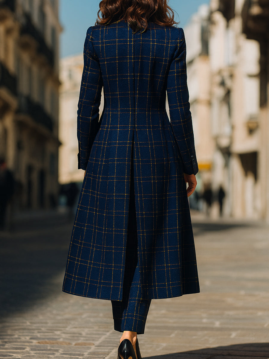 Navy Checkered Three-Piece Suit With Long Coat