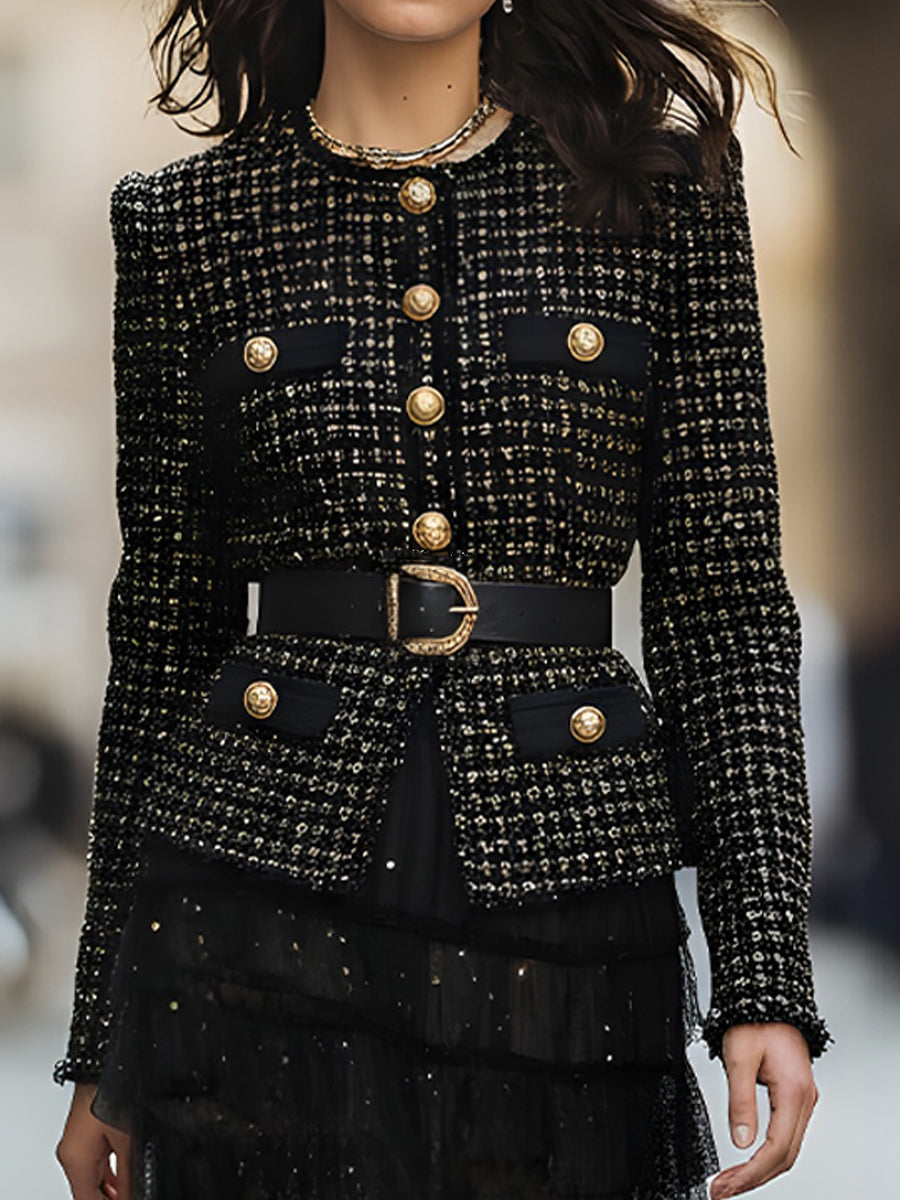 Elegant Weed Belted Jacket With Gold-Tone Buttons & Layered Tulle Skirt