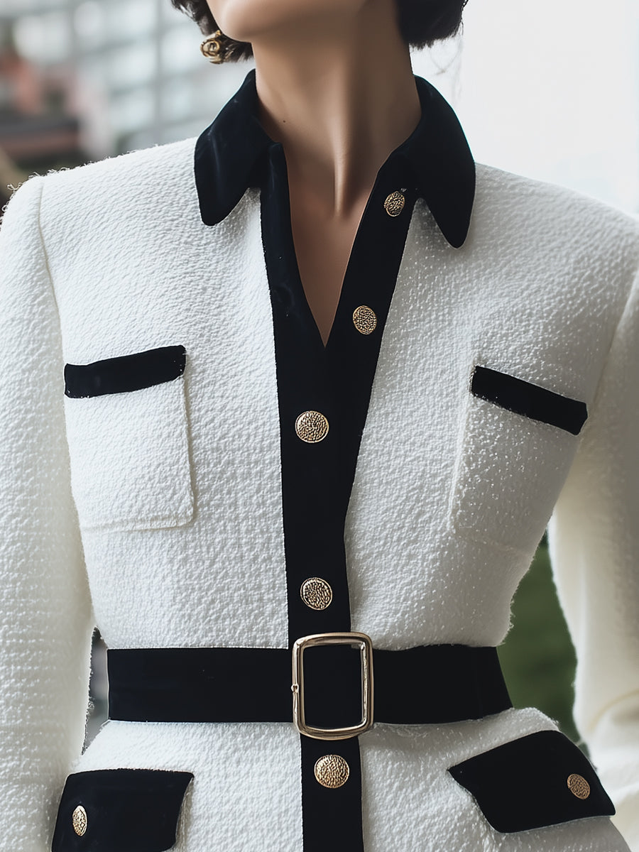 Elegant Black - Trimmed White Tweed Jacket