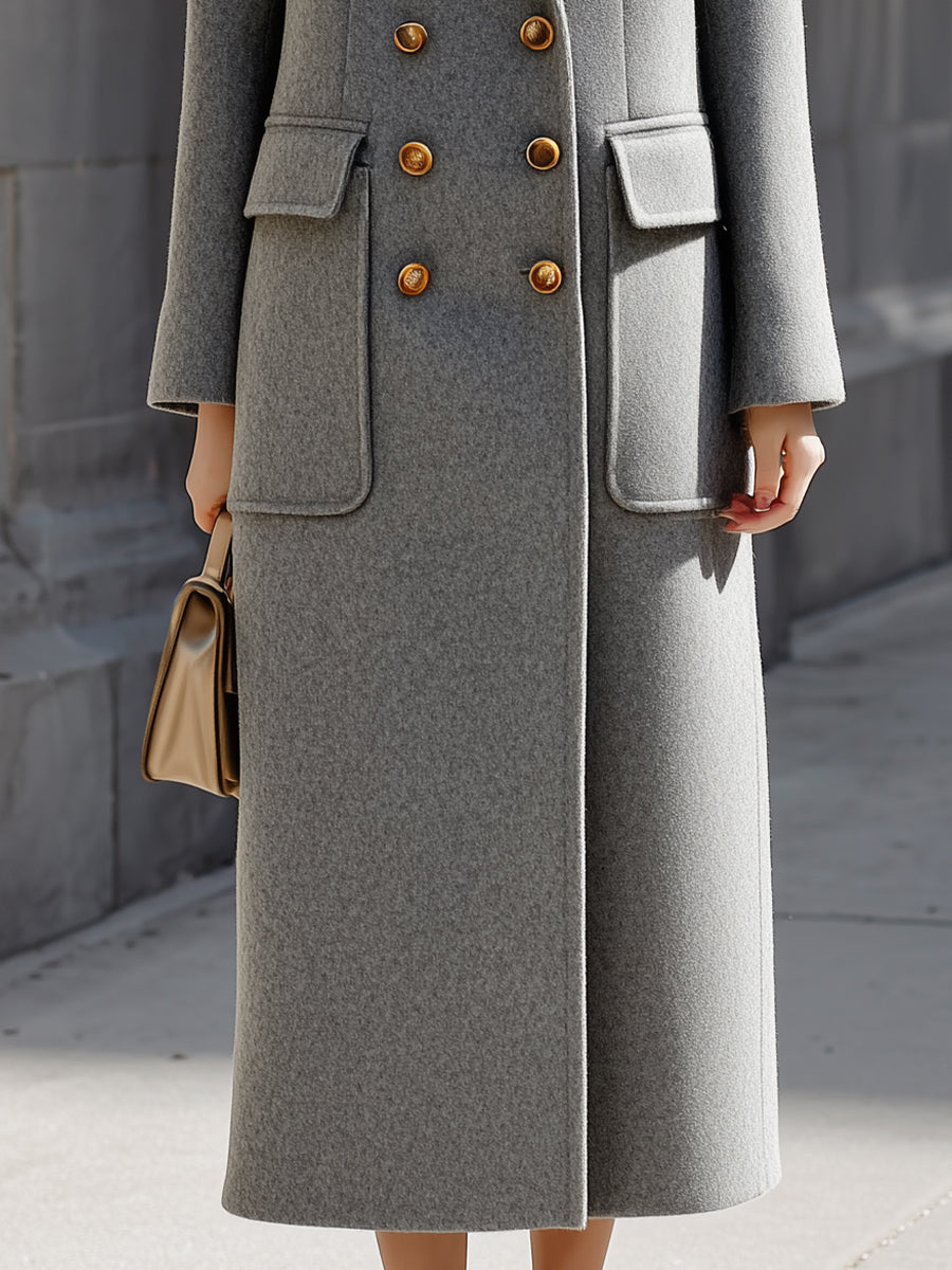 Grey Double - Breasted Wool Blend Maxi Coat