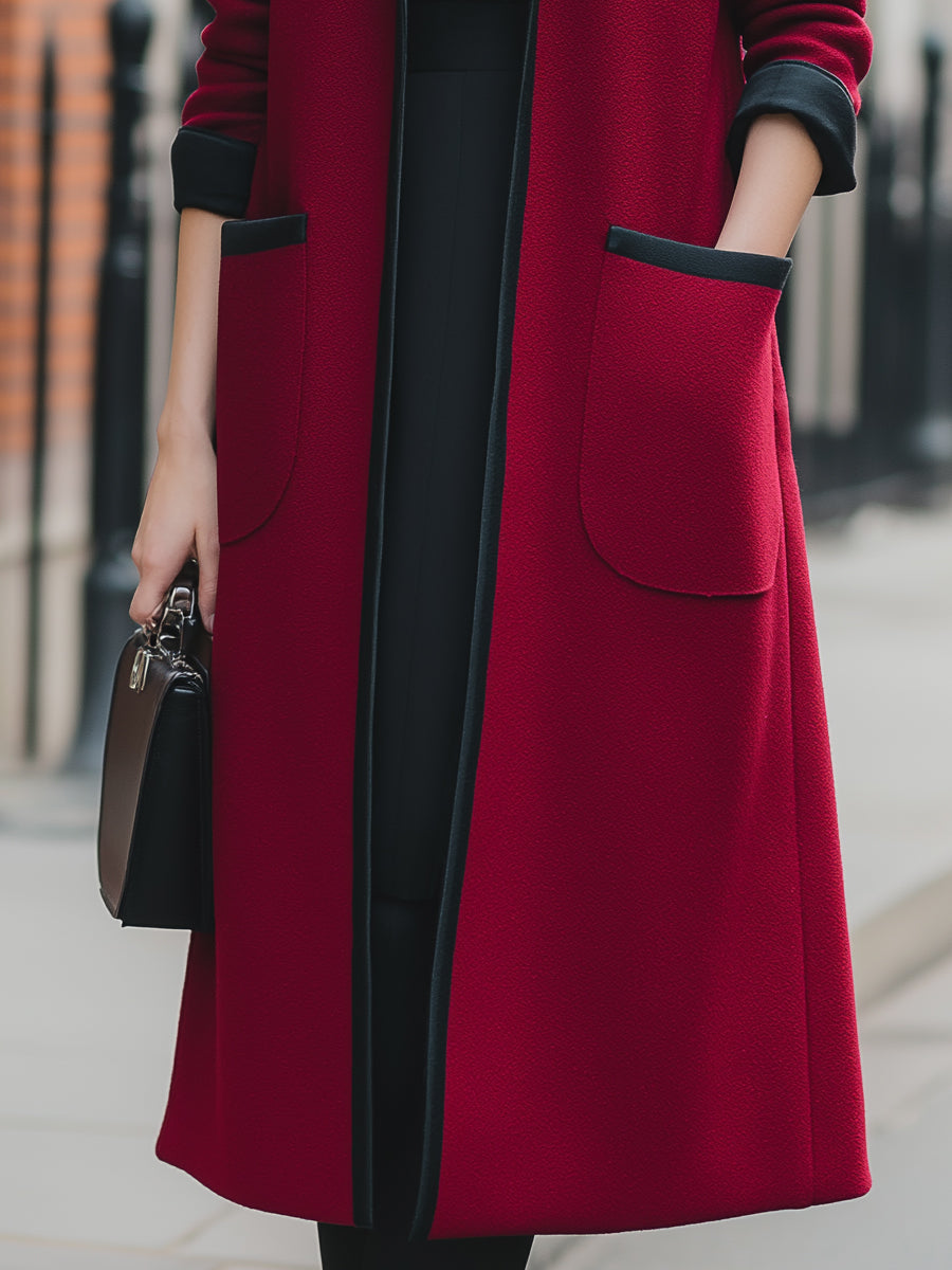 Contrast-Trim Wool-Blend Longline Coat