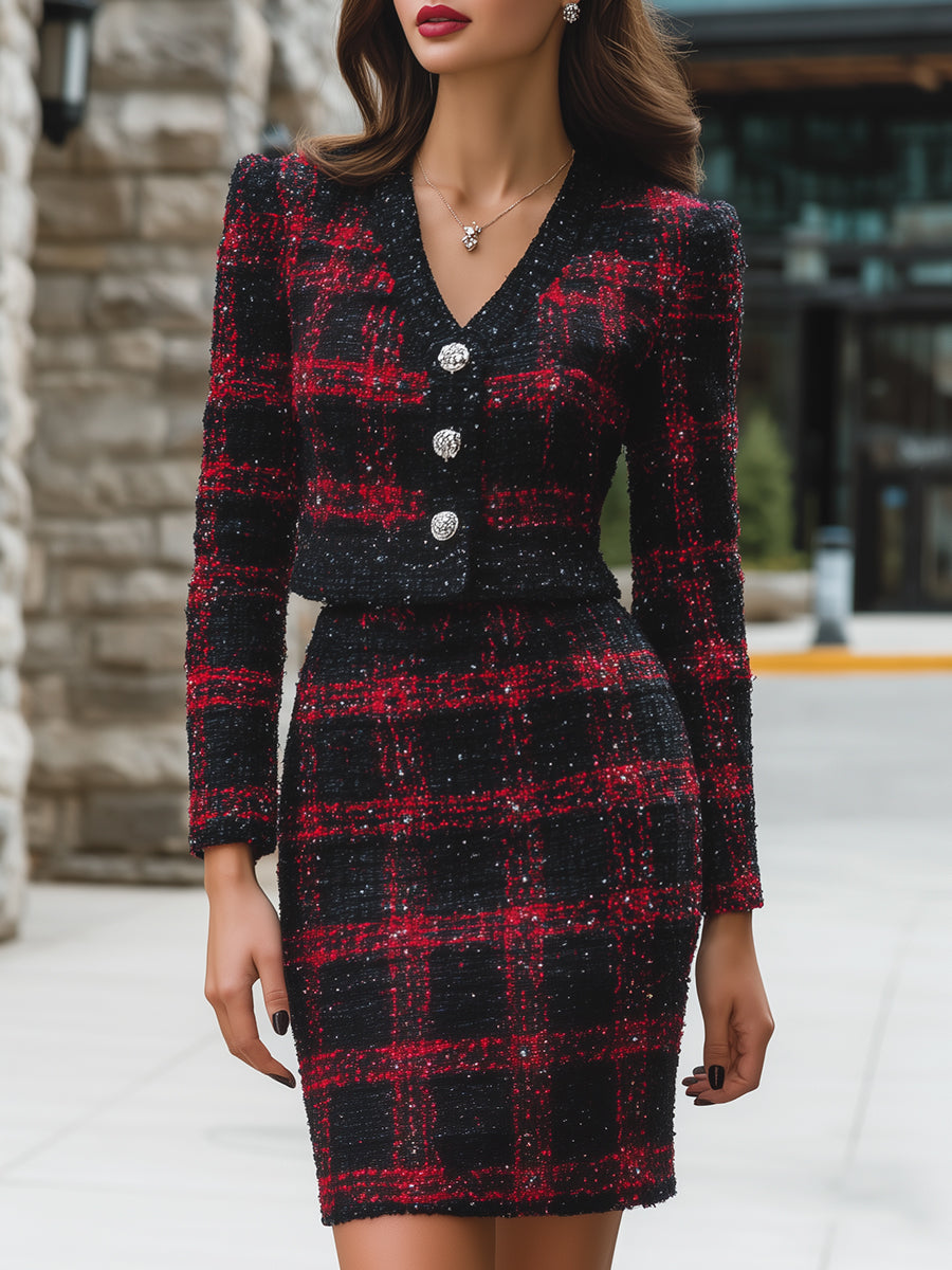 Tweed Plaid Two-Piece Set With Crystal Buttons