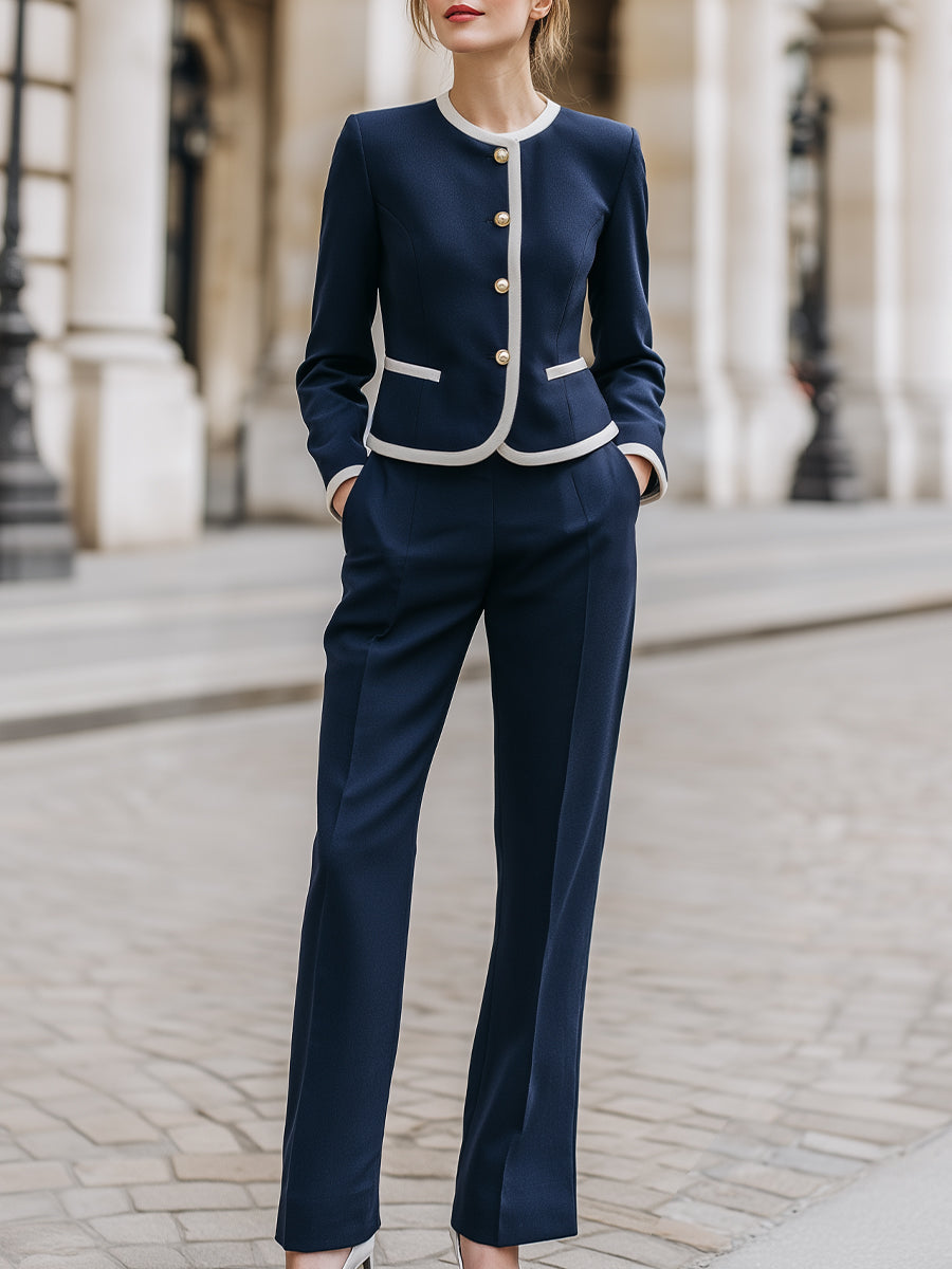Contrast Piping Tailored Blazer And Straight-Leg Trouser Set