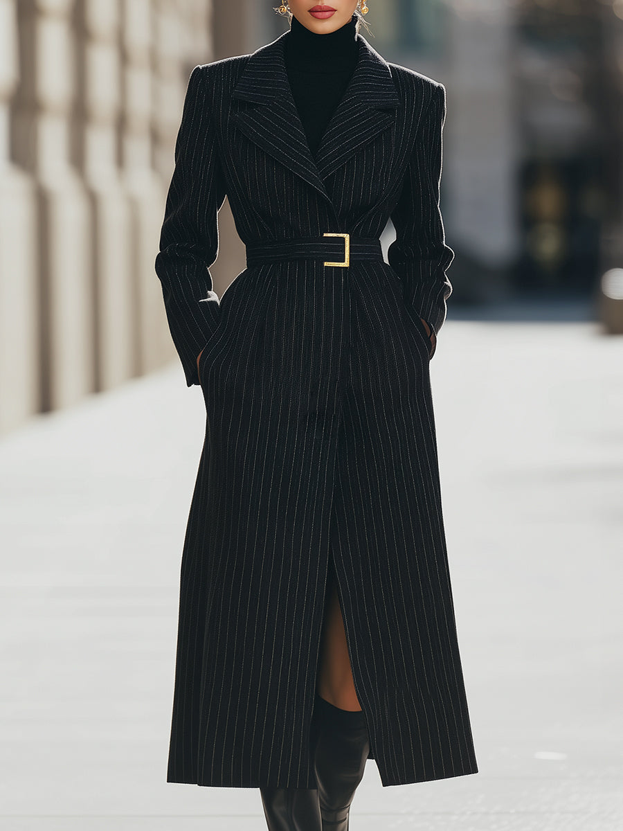 Structured Pinstripe Belted Long Coat